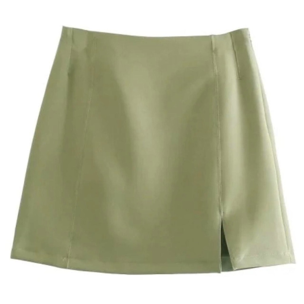 NWT Forever21 size S sage green satin mini skirt with small slit in the front